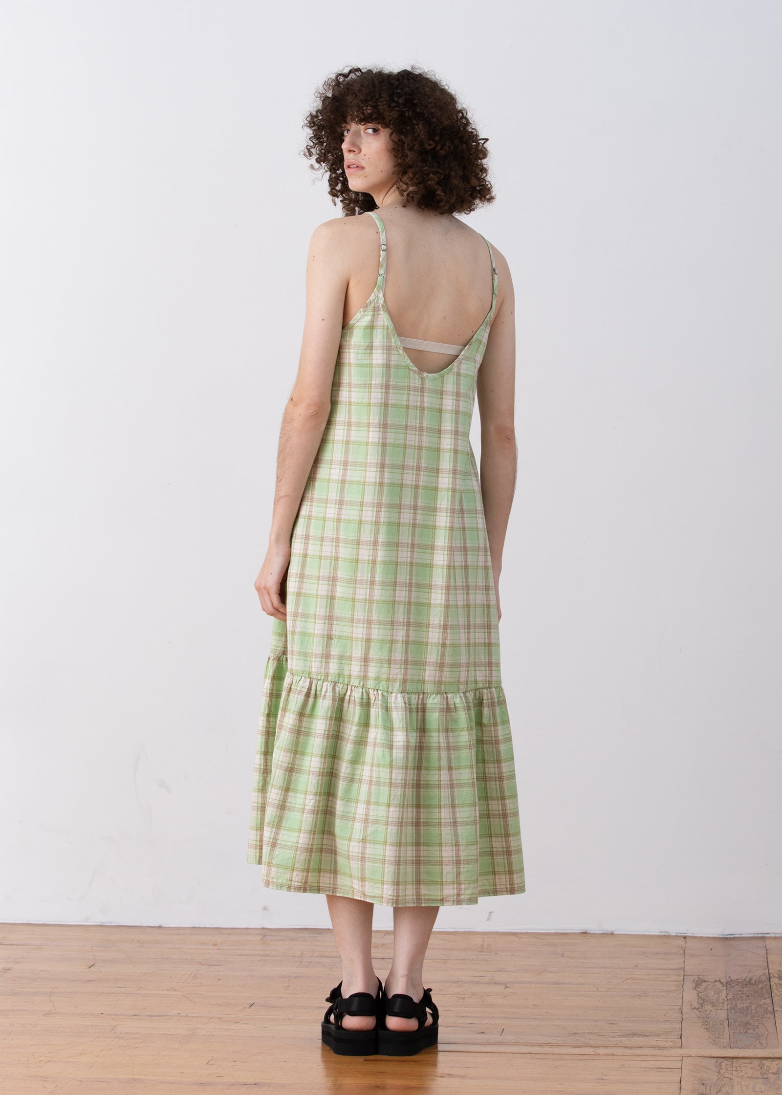 SAMPLE - SLIP DRESS W/ RUFFLE - LIME PLAID
