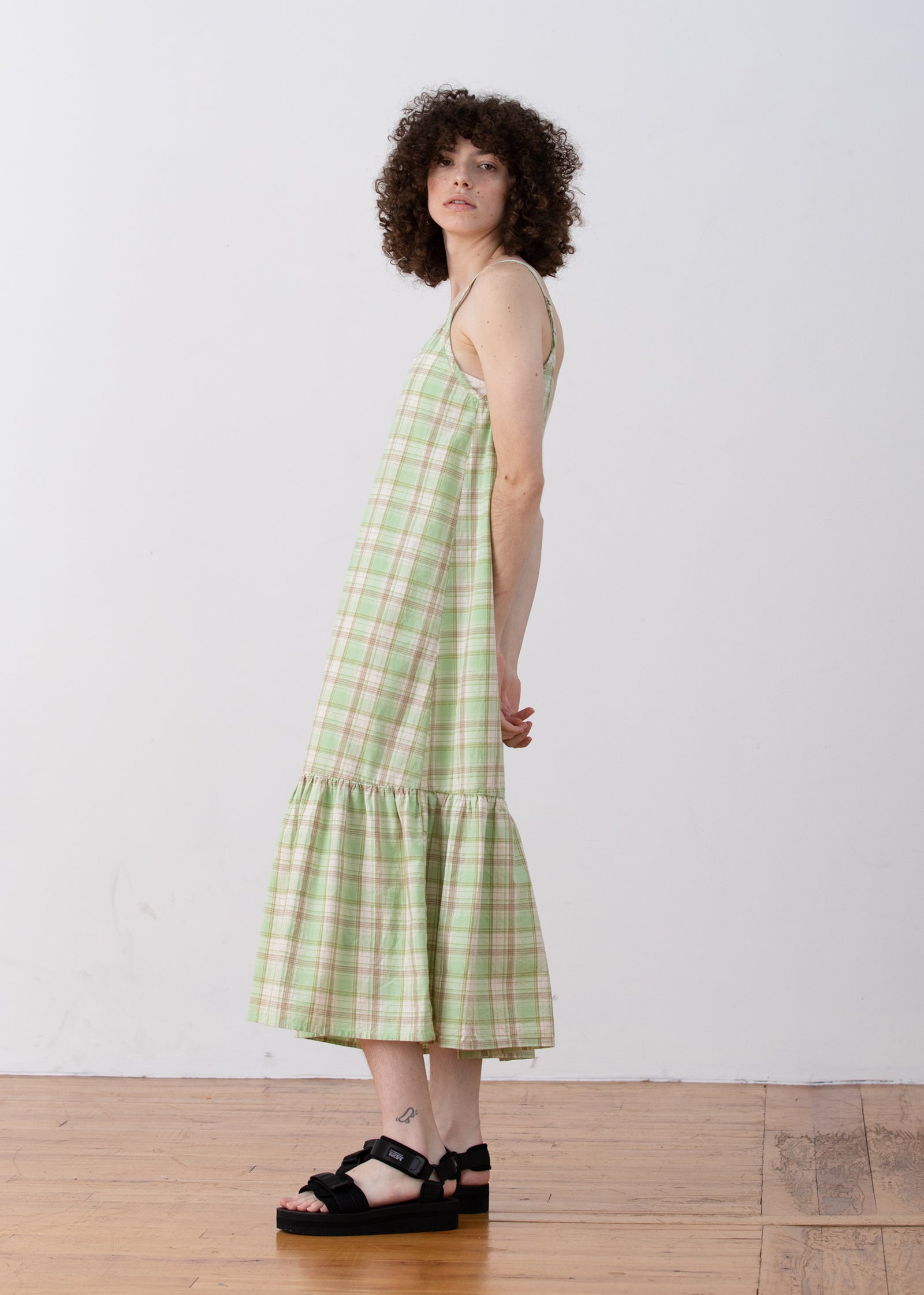 SAMPLE - SLIP DRESS W/ RUFFLE - LIME PLAID