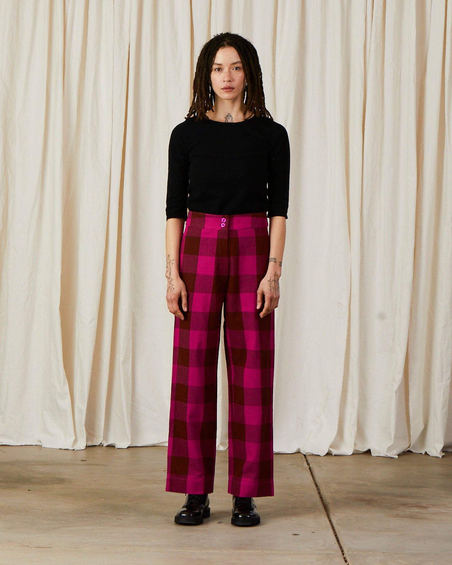 SILK FLY FRONT PANT W/ POCKETS - RUST/PINK PLAID