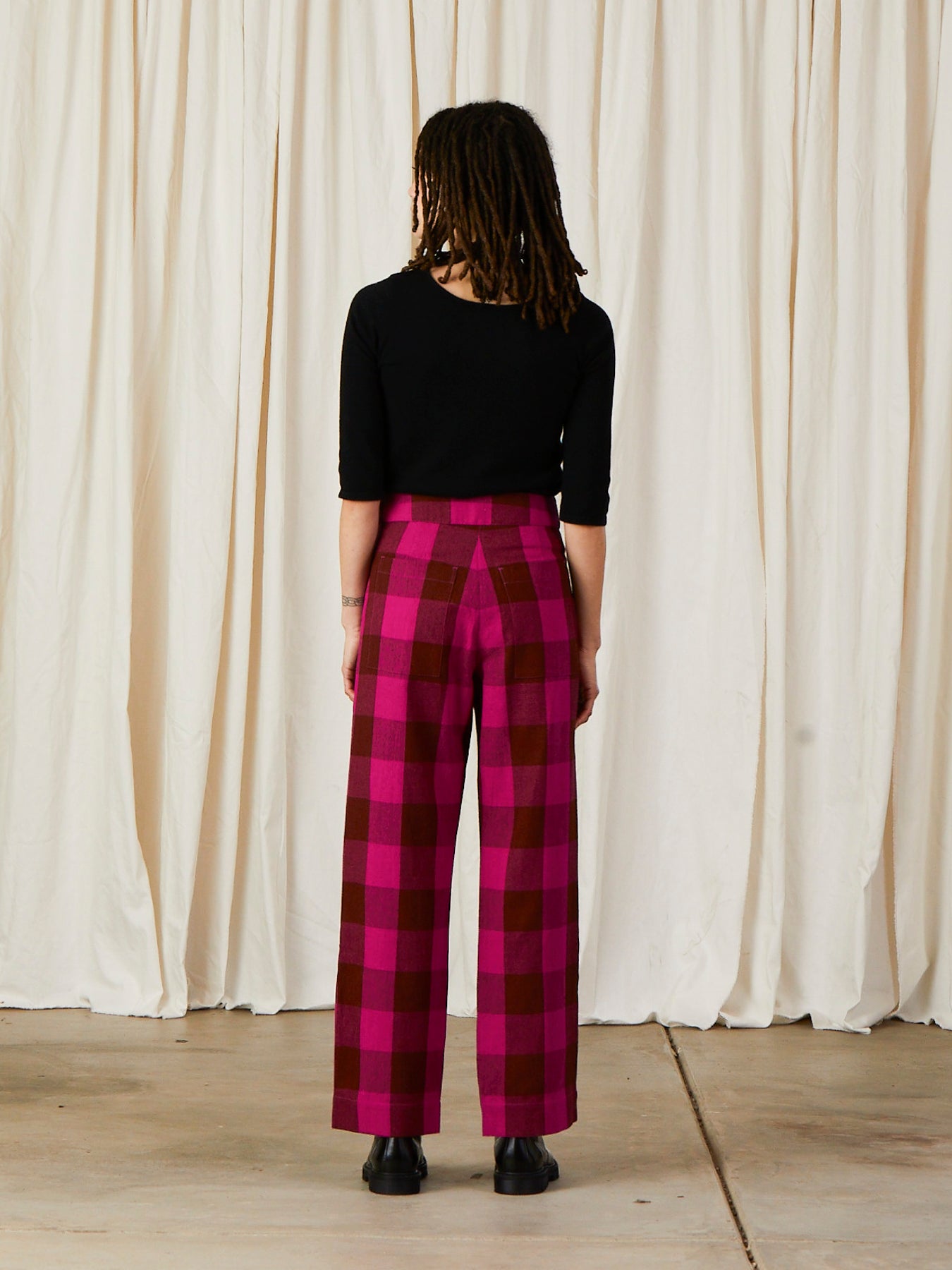 SILK FLY FRONT PANT W/ POCKETS - RUST/PINK PLAID