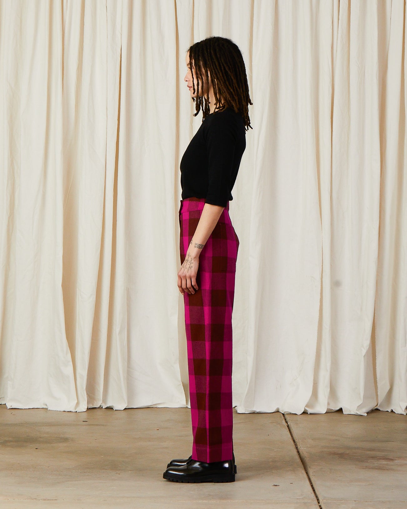 SILK FLY FRONT PANT W/ POCKETS - RUST/PINK PLAID