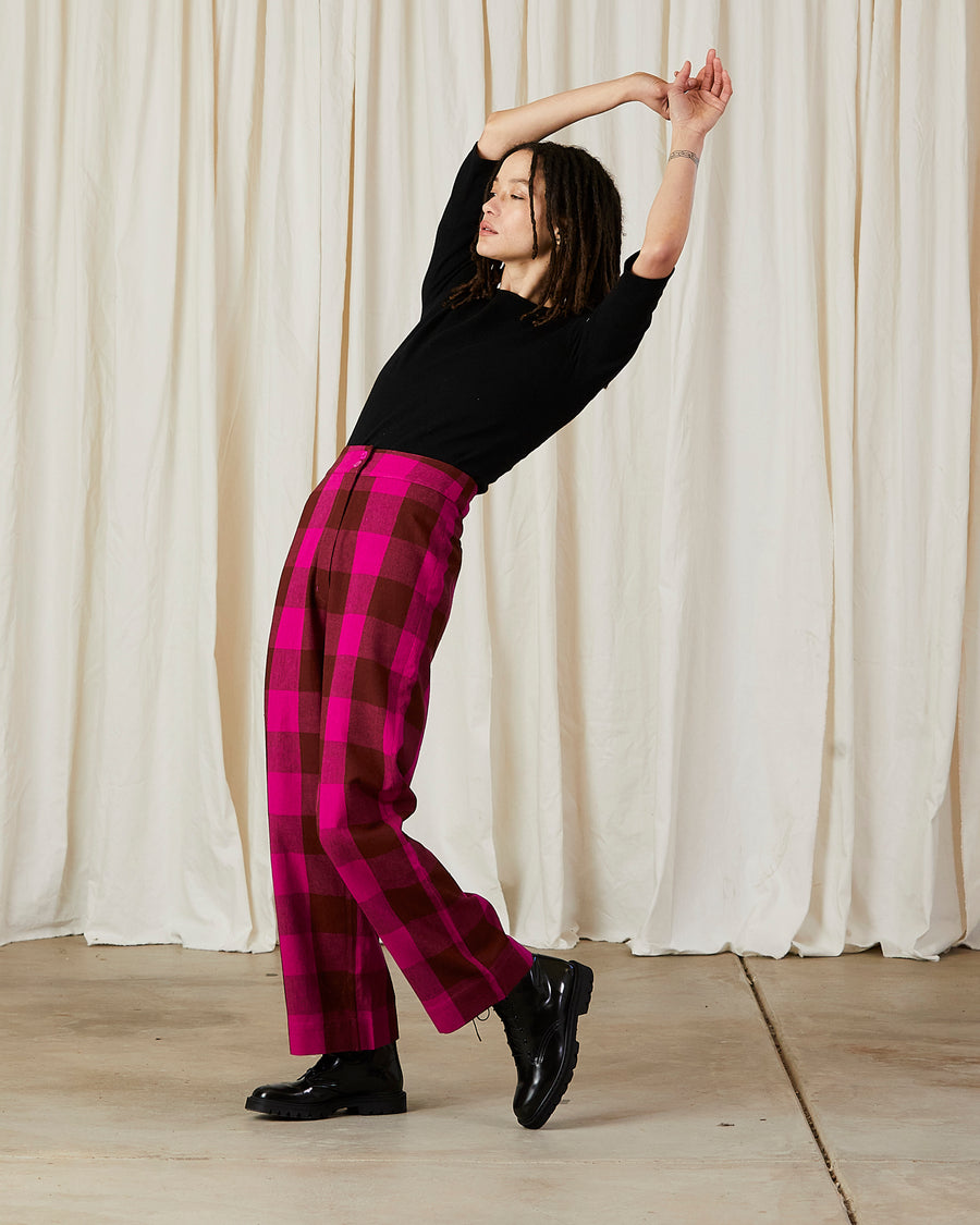 SILK FLY FRONT PANT W/ POCKETS - RUST/PINK PLAID
