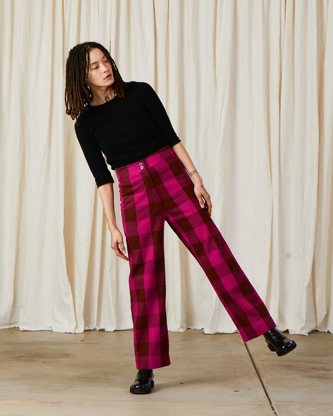 SILK FLY FRONT PANT W/ POCKETS - RUST/PINK PLAID