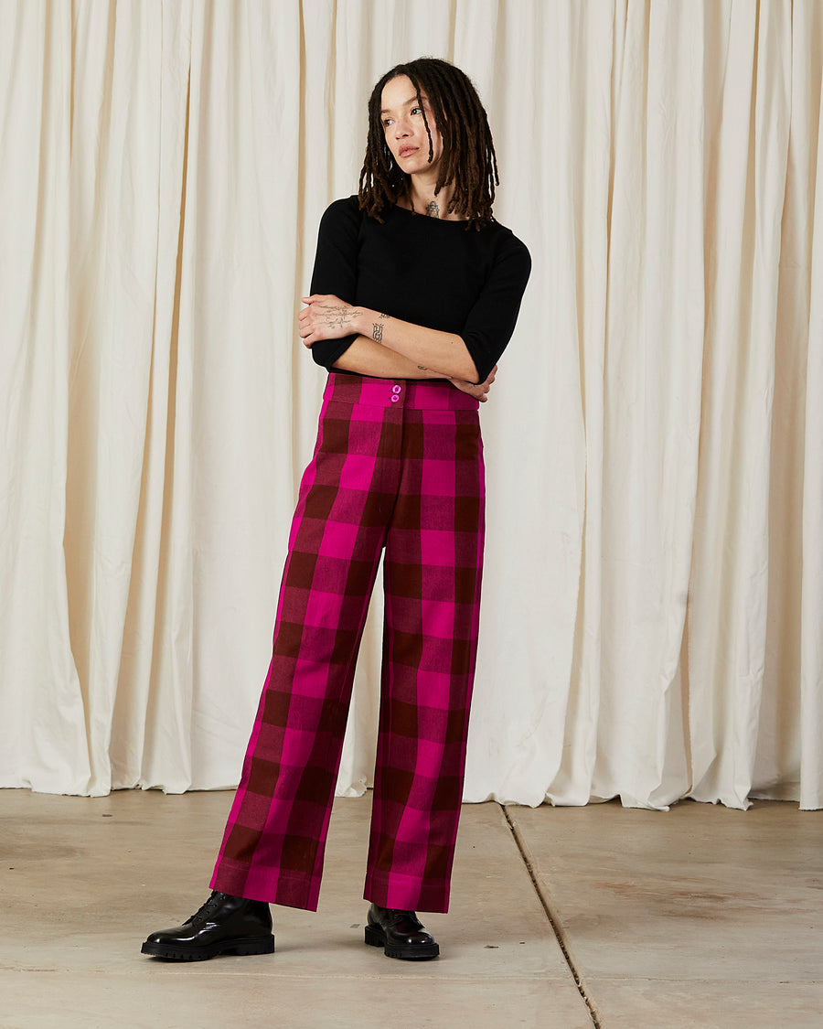 SILK FLY FRONT PANT W/ POCKETS - RUST/PINK PLAID