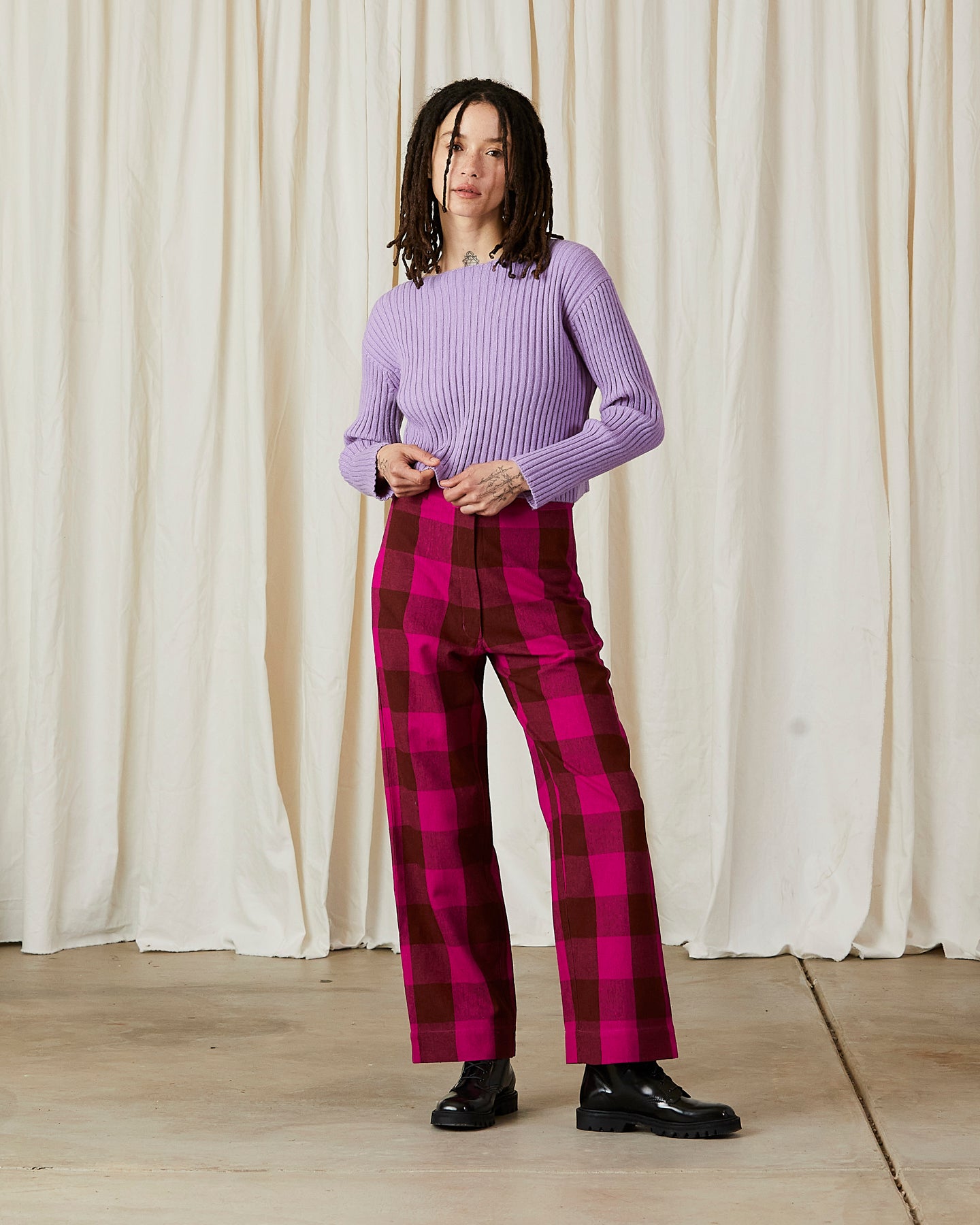 SILK FLY FRONT PANT W/ POCKETS - RUST/PINK PLAID