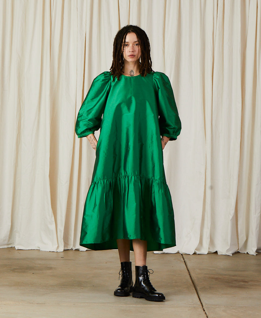 PEASANT DRESS - KELLY GREEN TAFFETA