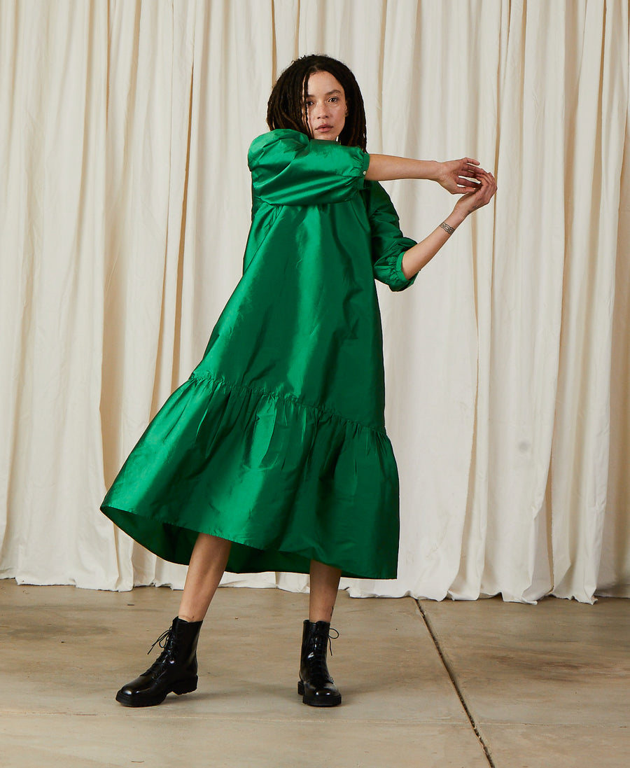 PEASANT DRESS - KELLY GREEN TAFFETA