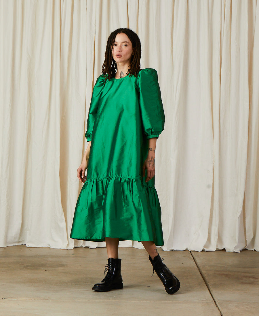 PEASANT DRESS - KELLY GREEN TAFFETA