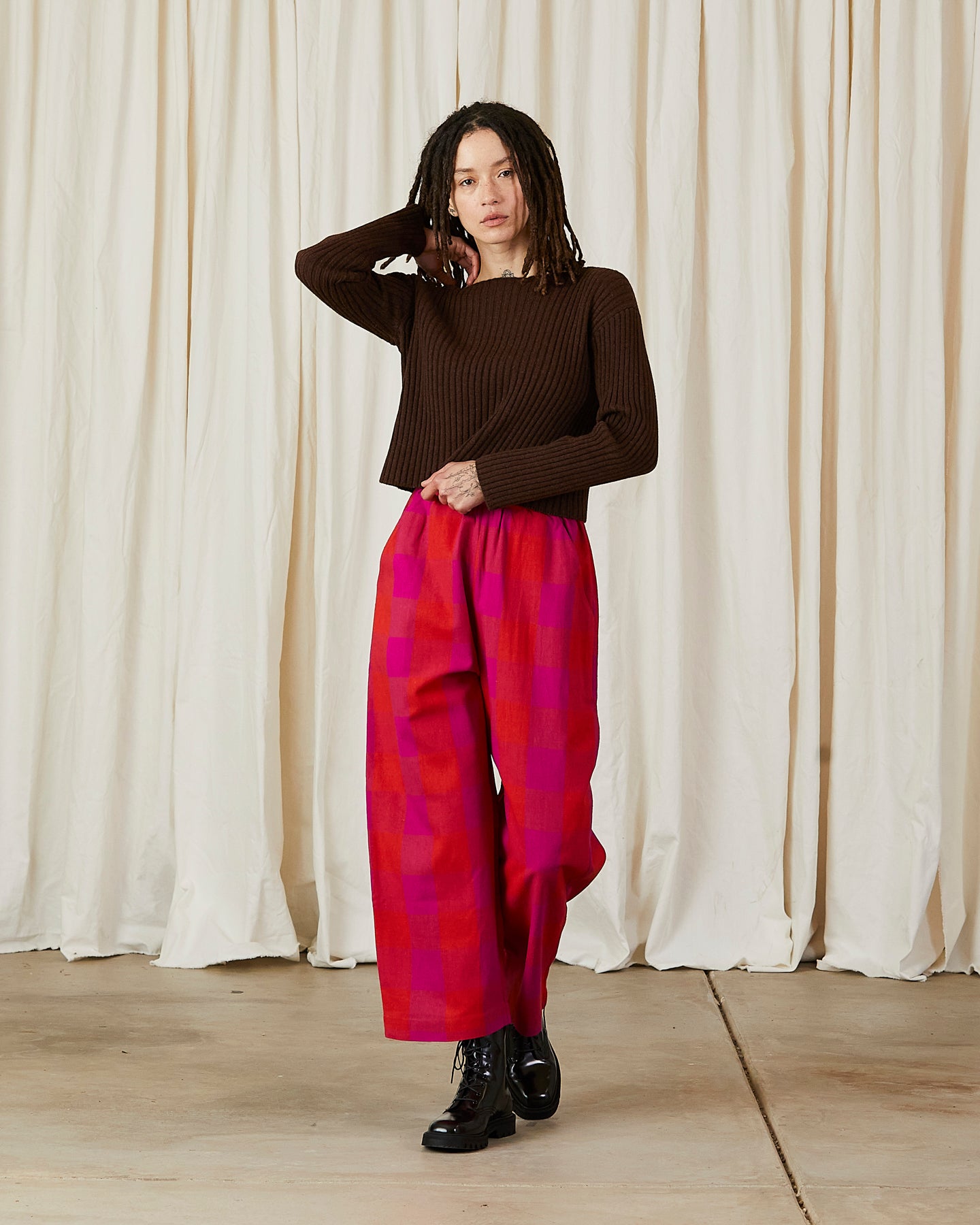 ELASTIC PANT - POPPY/PINK PLAID