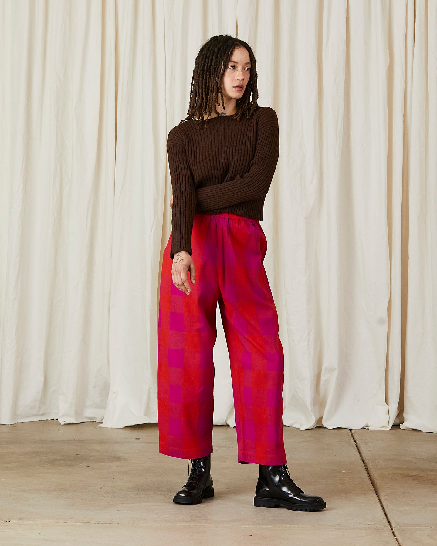 ELASTIC PANT - POPPY/PINK PLAID