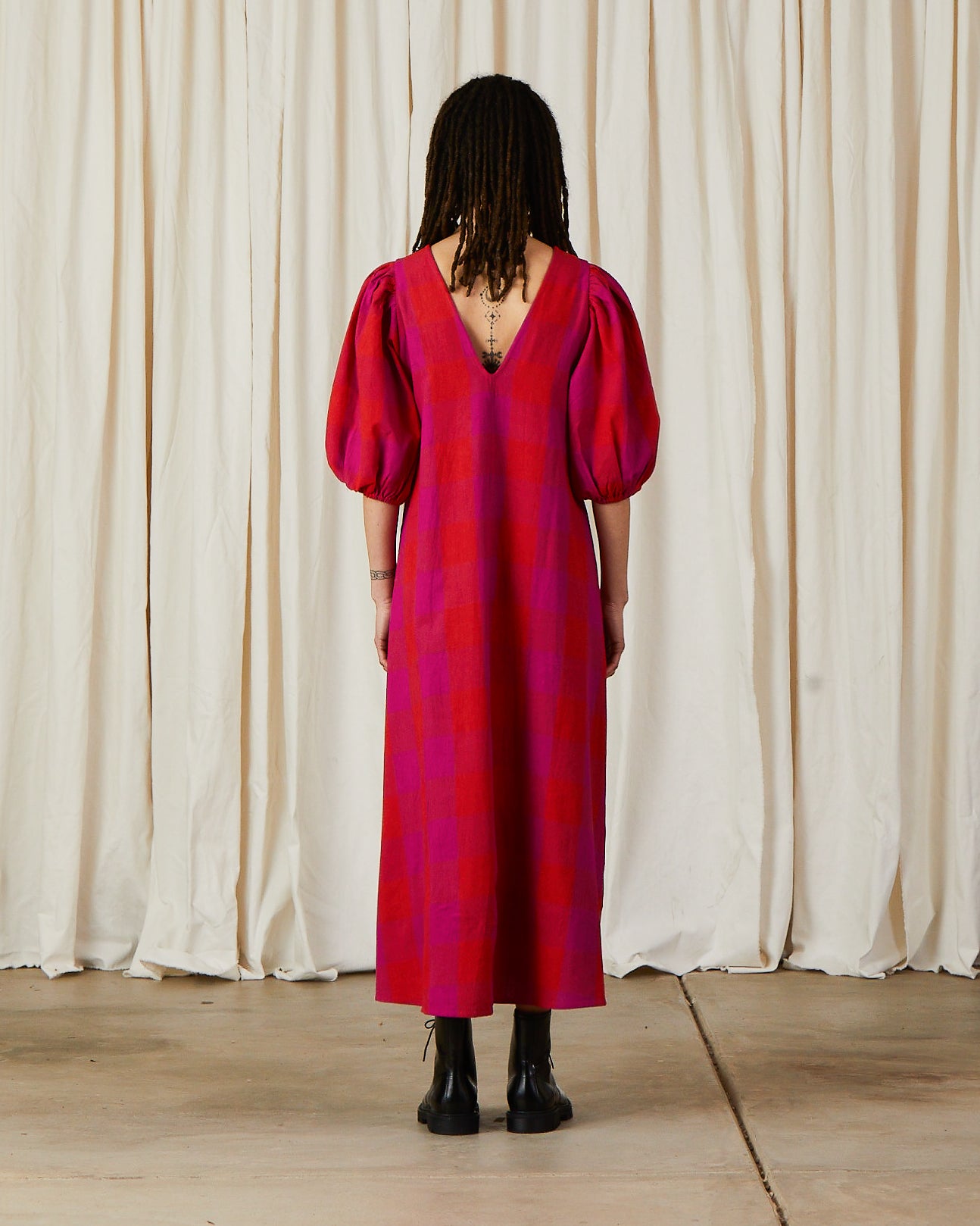 DOUBLE V-NECK MAXI DRESS - POPPY/PINK PLAID