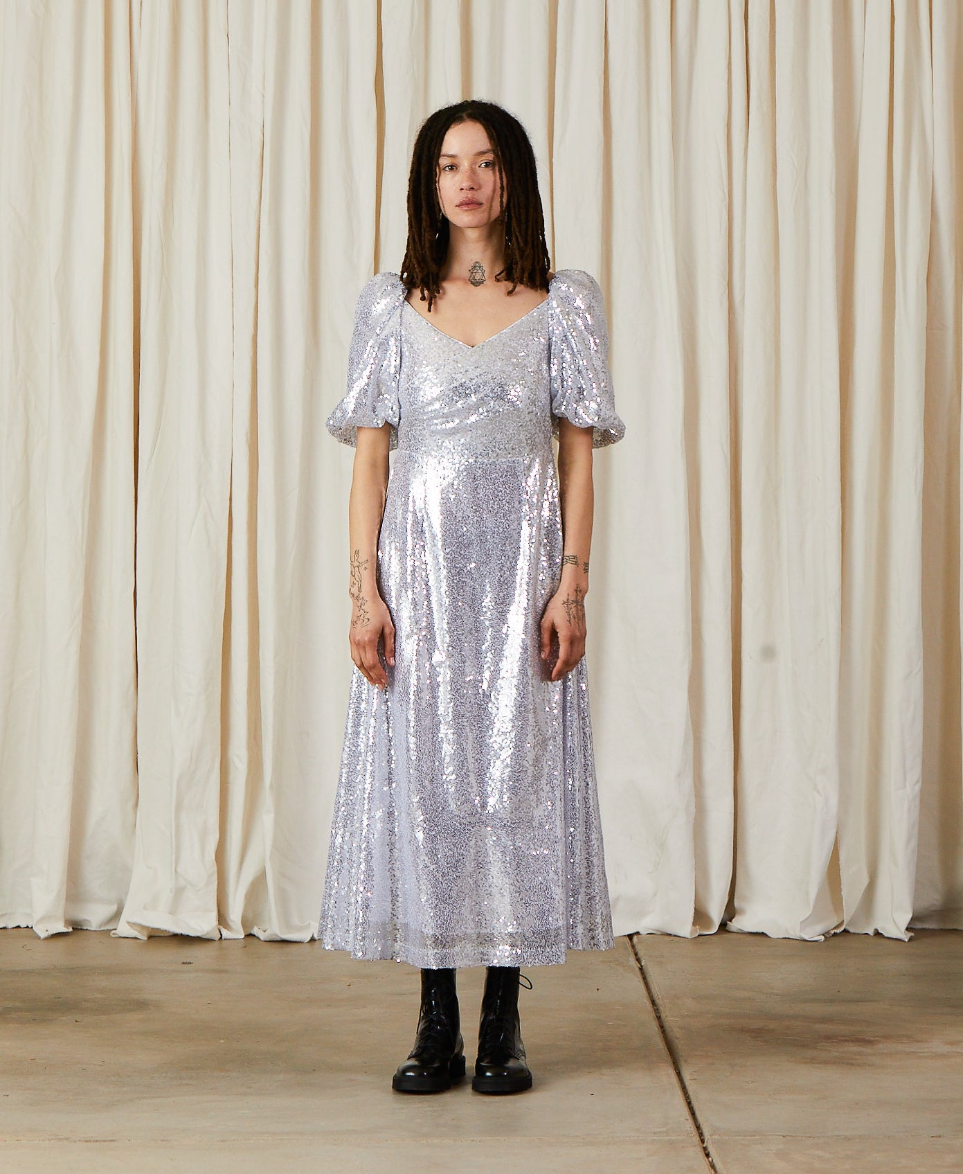 SAMPLE - CROSS FRONT DRESS - ORCHID SPECKLE TAFFETA