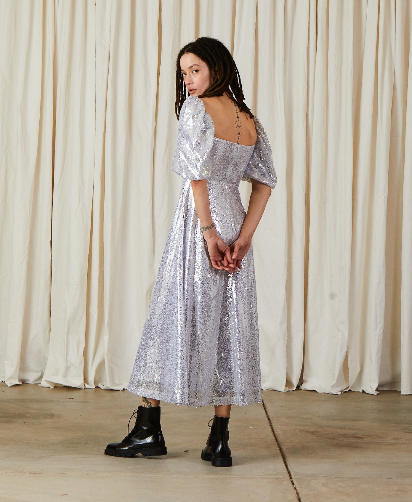 SAMPLE - CROSS FRONT DRESS - PERIWINKLE TAFFETA