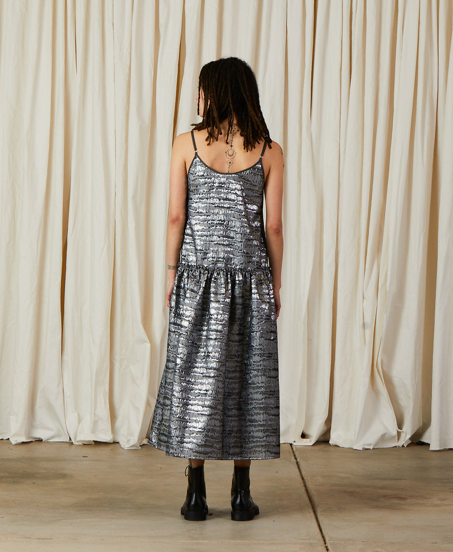 JACQUARD DROP WAIST RUFFLE DRESS - SILVER