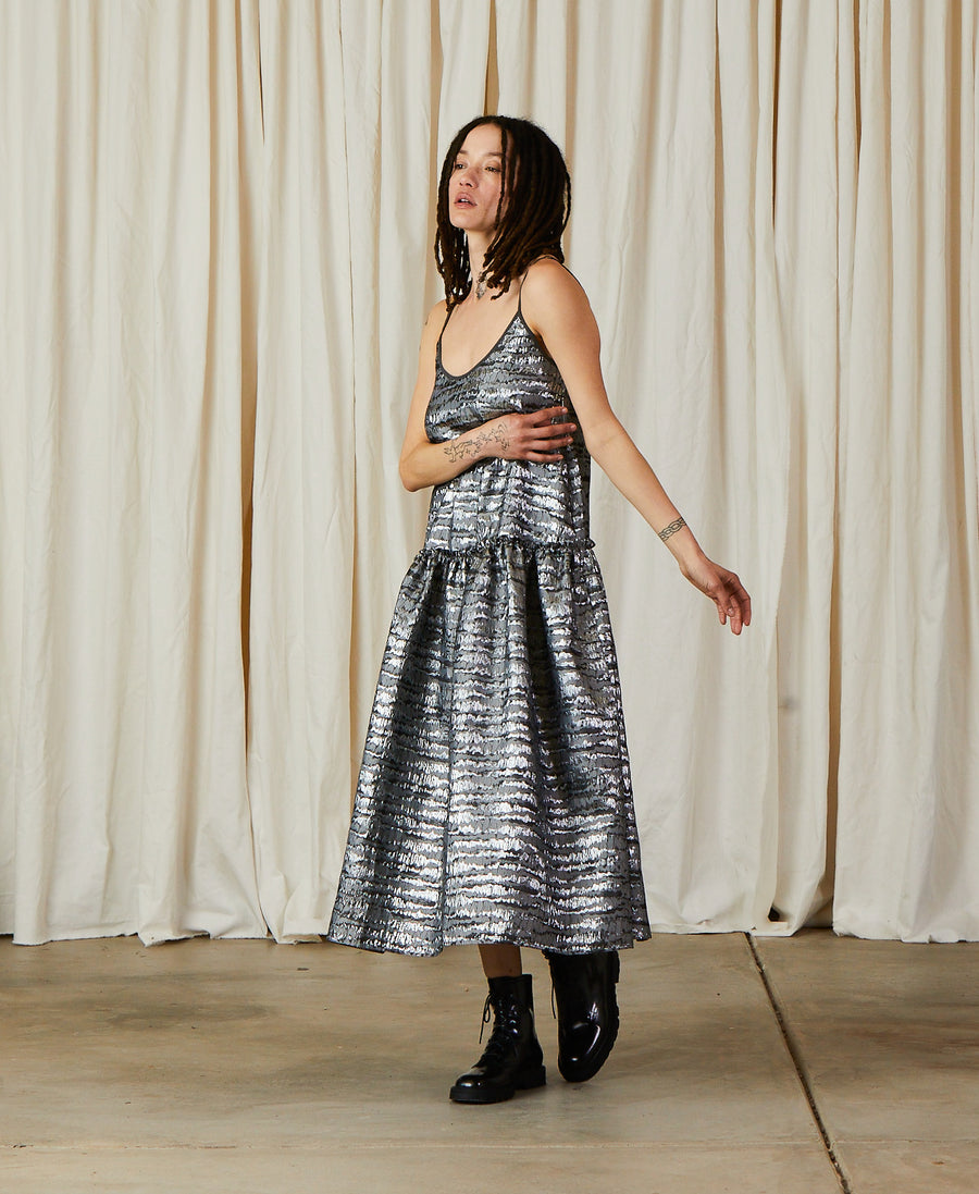 JACQUARD DROP WAIST RUFFLE DRESS - SILVER