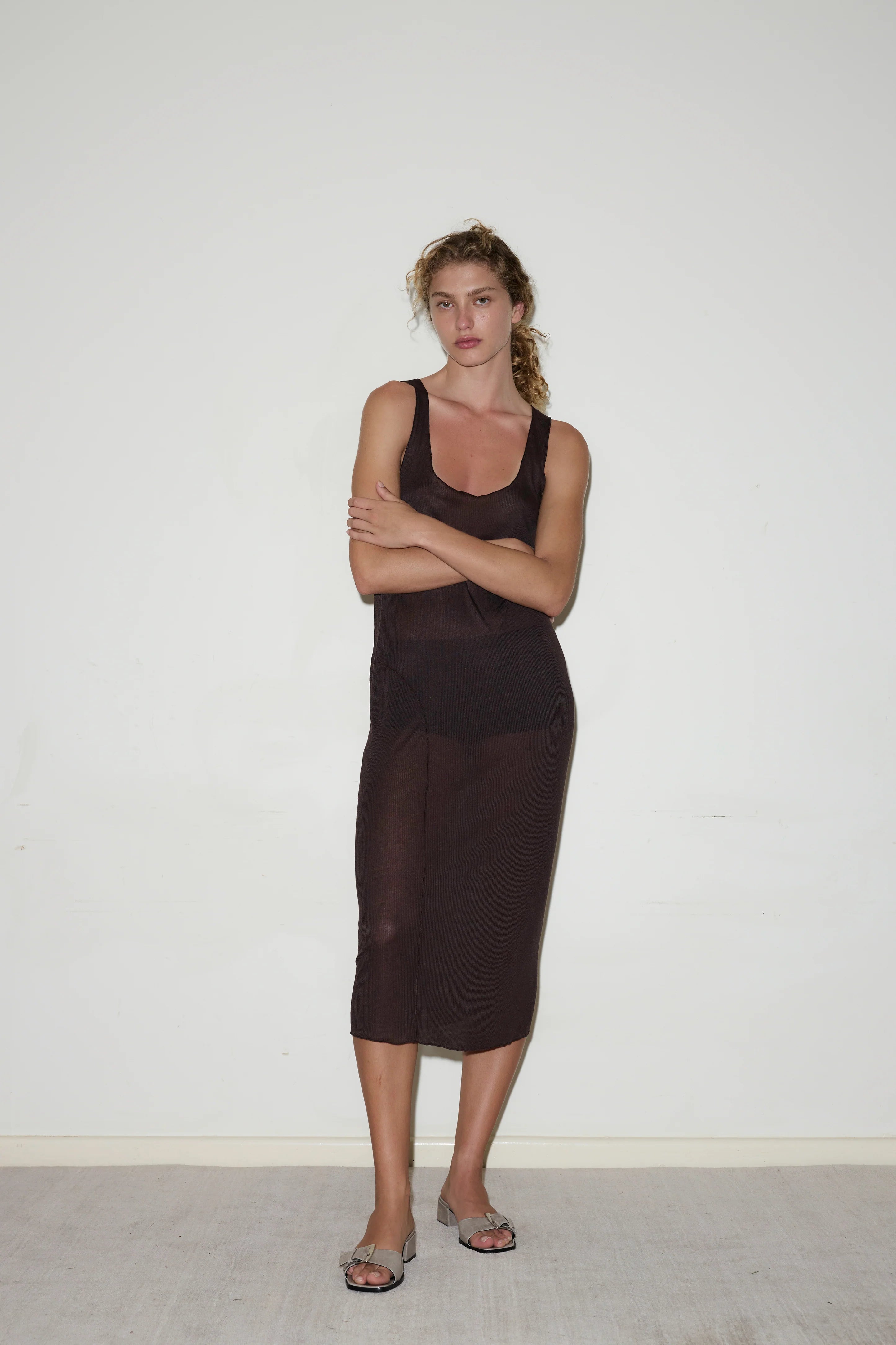 KNIT SINGLET DRESS - MAHOGANY