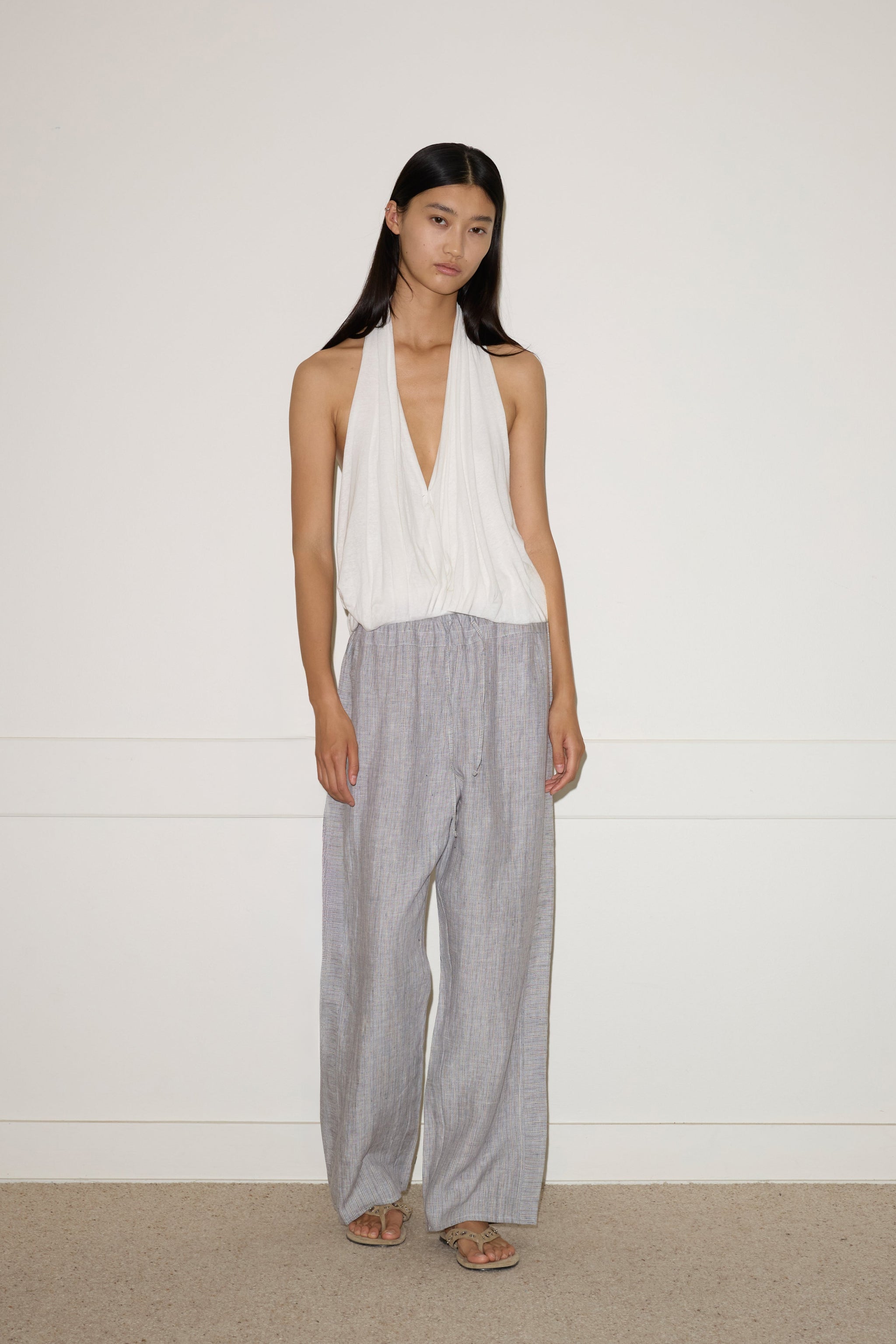 DOUBLE WAIST LINEN PANT - HAZE BLUE