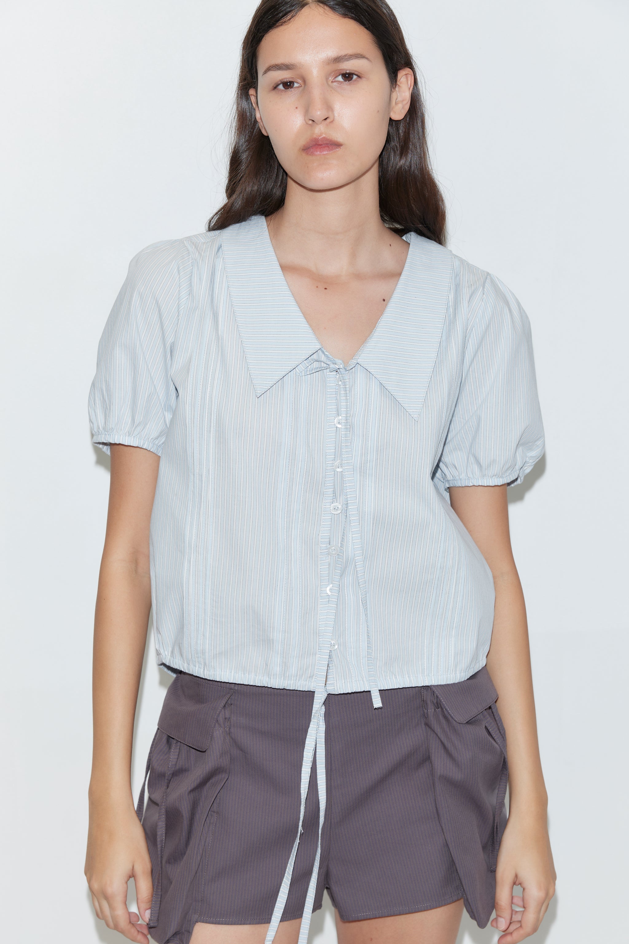FINE COLLAR TOP - MIST STRIPE
