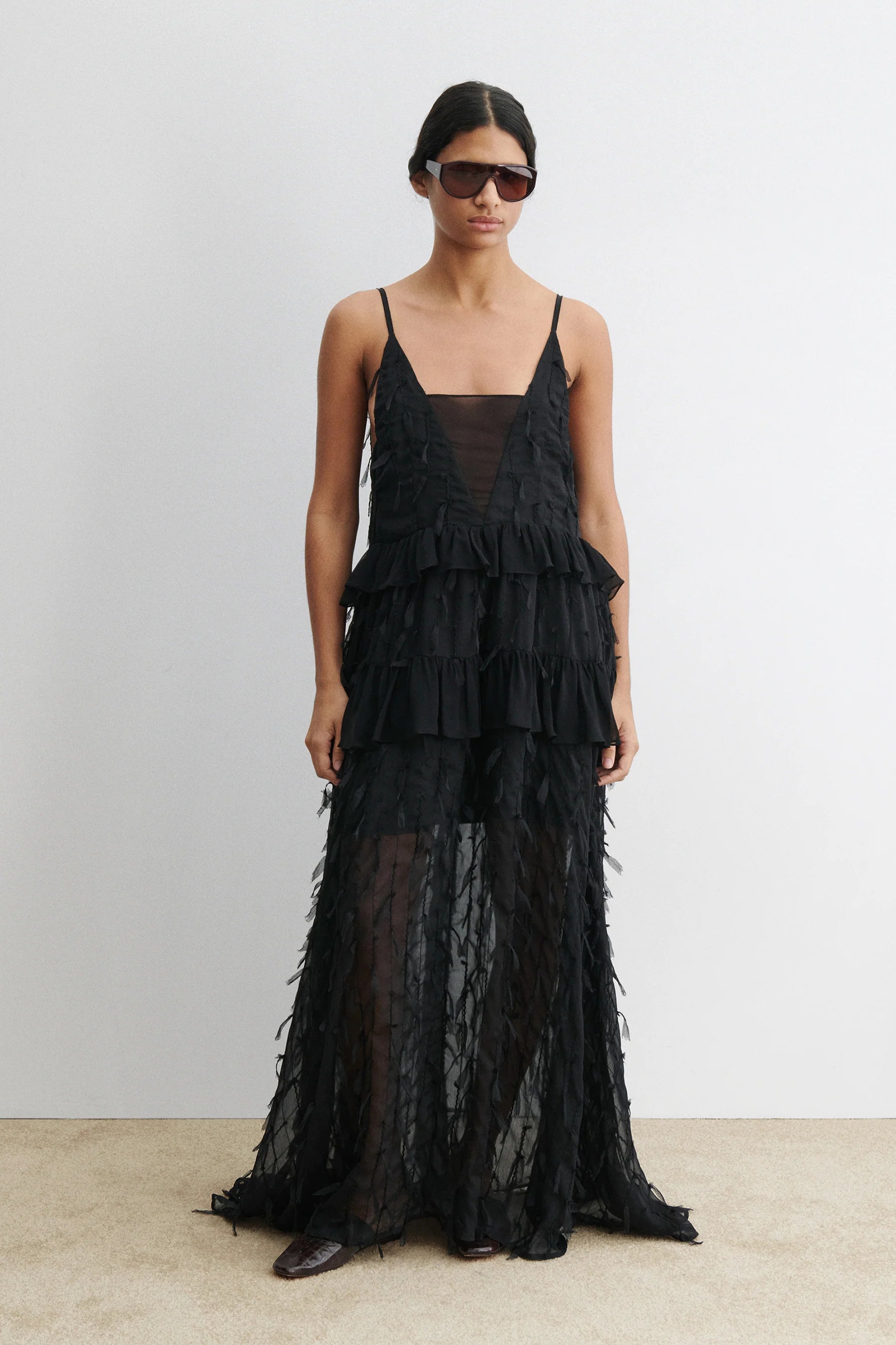 CORBIN DRESS - BLACK FEATHERED CHIFFON