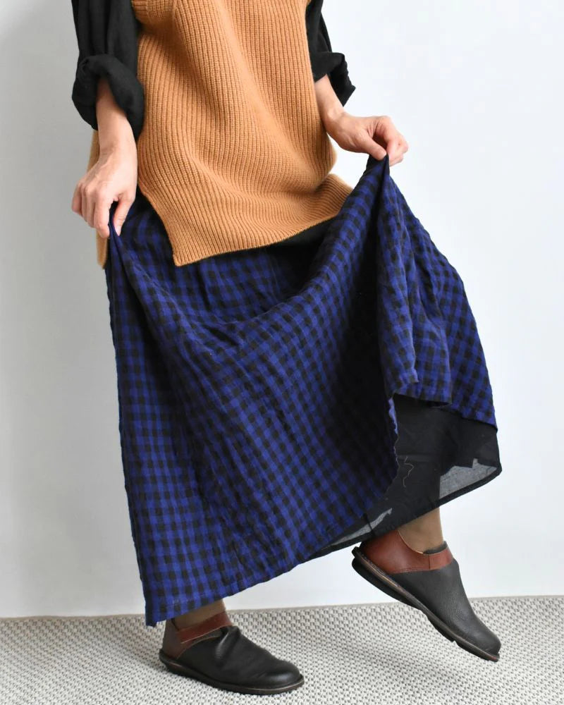 LINEN GINGHAM CHECK SKIRT - NAVY