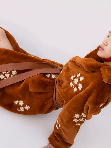 CAMELOT HAND EMBROIDERED FAUX FUR COAT - BROWN