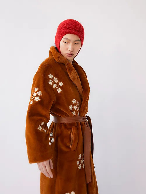 CAMELOT HAND EMBROIDERED FAUX FUR COAT - BROWN