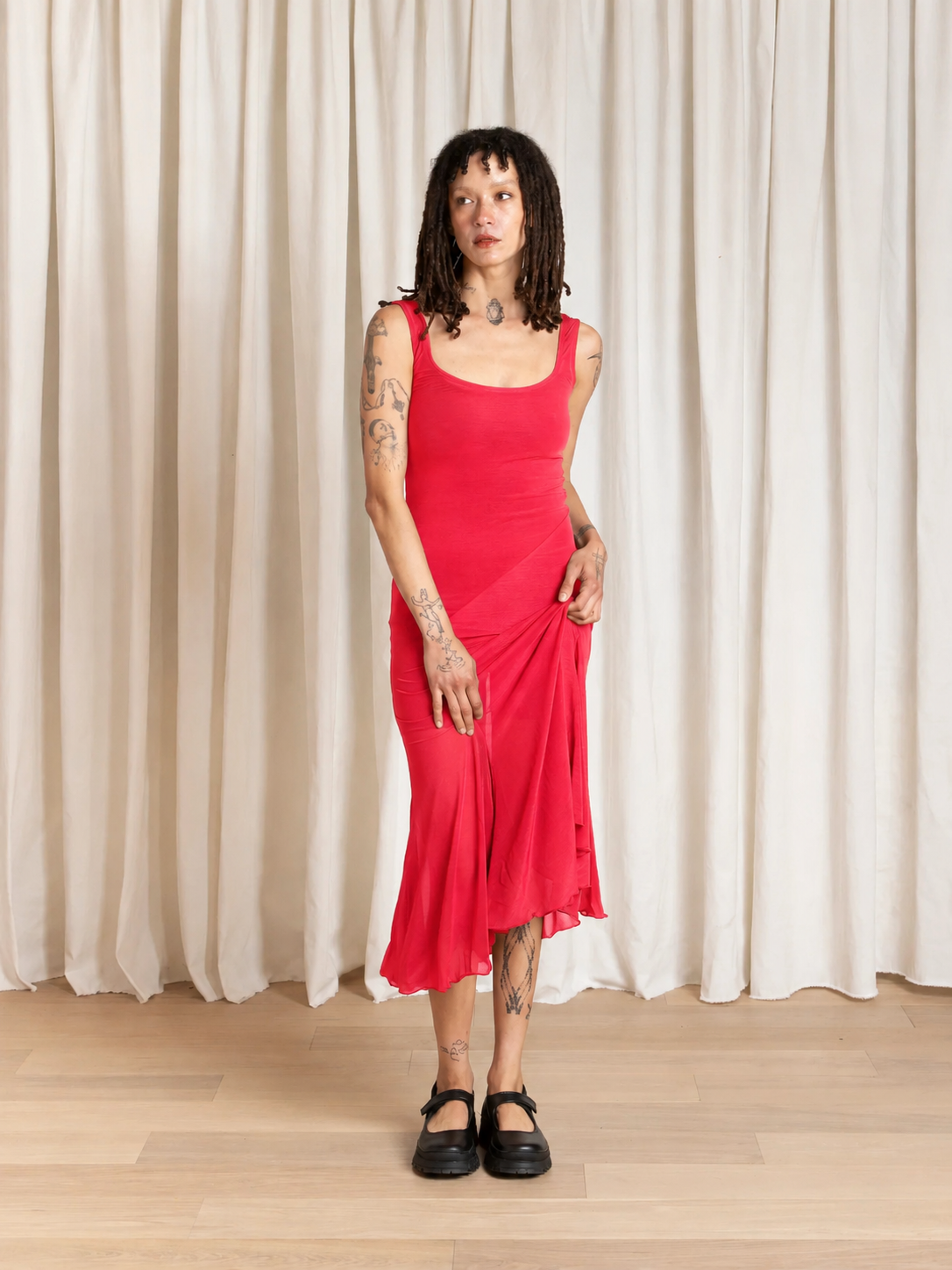 TANK DRESS W/ ASYMMETRICAL HEM - NEON RED