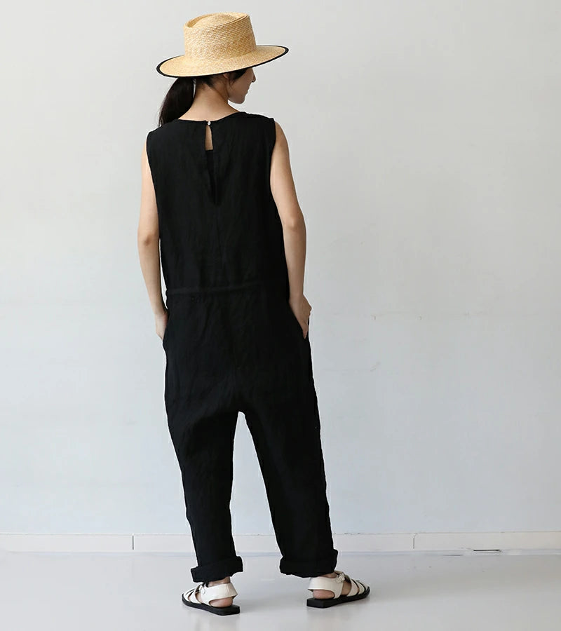 LINEN CANVAS SLEEVELESS JUMPSUIT - BLACK