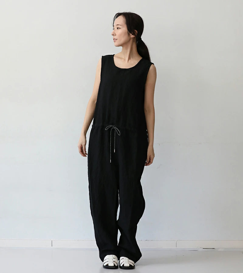 LINEN CANVAS SLEEVELESS JUMPSUIT - BLACK