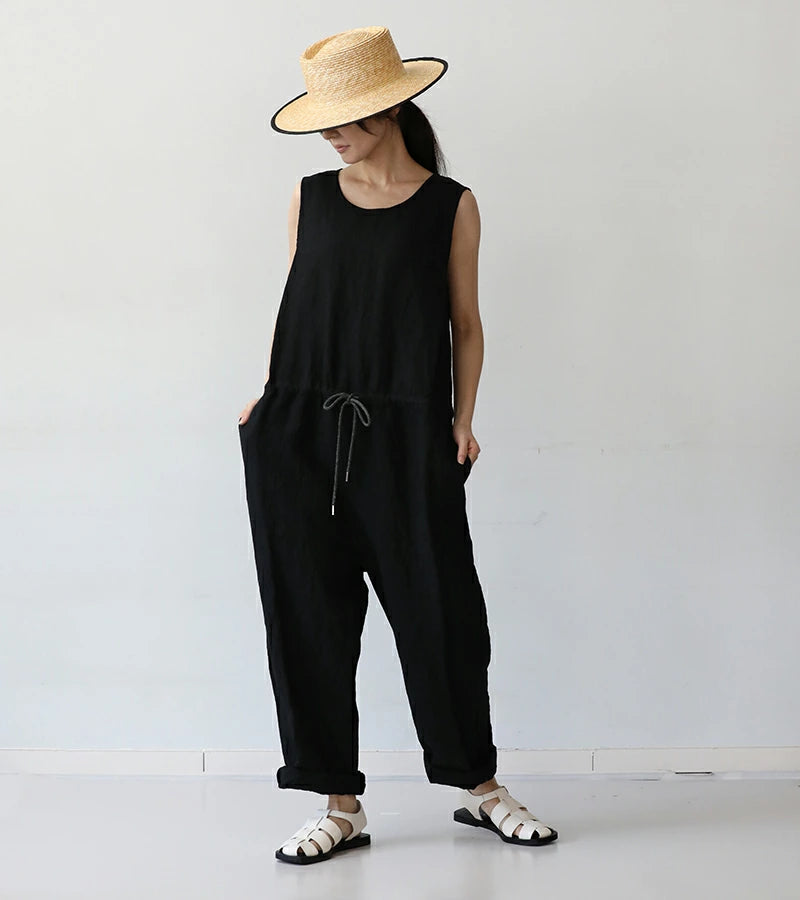 LINEN CANVAS SLEEVELESS JUMPSUIT - BLACK