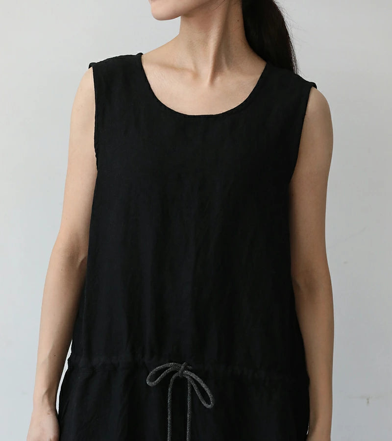 LINEN CANVAS SLEEVELESS JUMPSUIT - BLACK