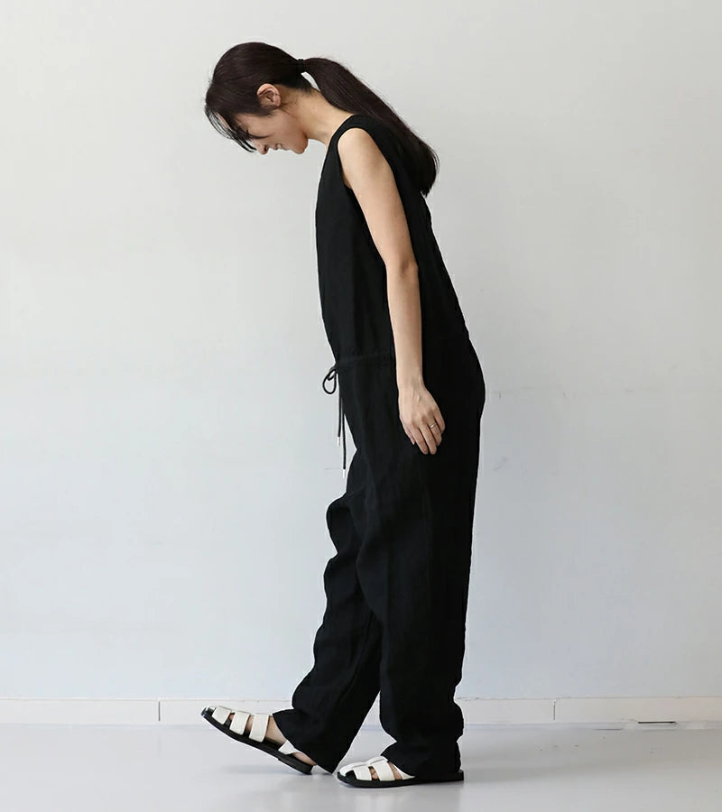 LINEN CANVAS SLEEVELESS JUMPSUIT - BLACK