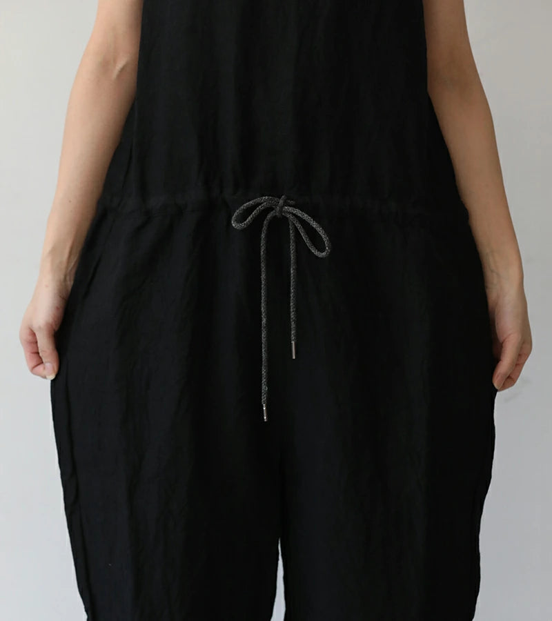 LINEN CANVAS SLEEVELESS JUMPSUIT - BLACK