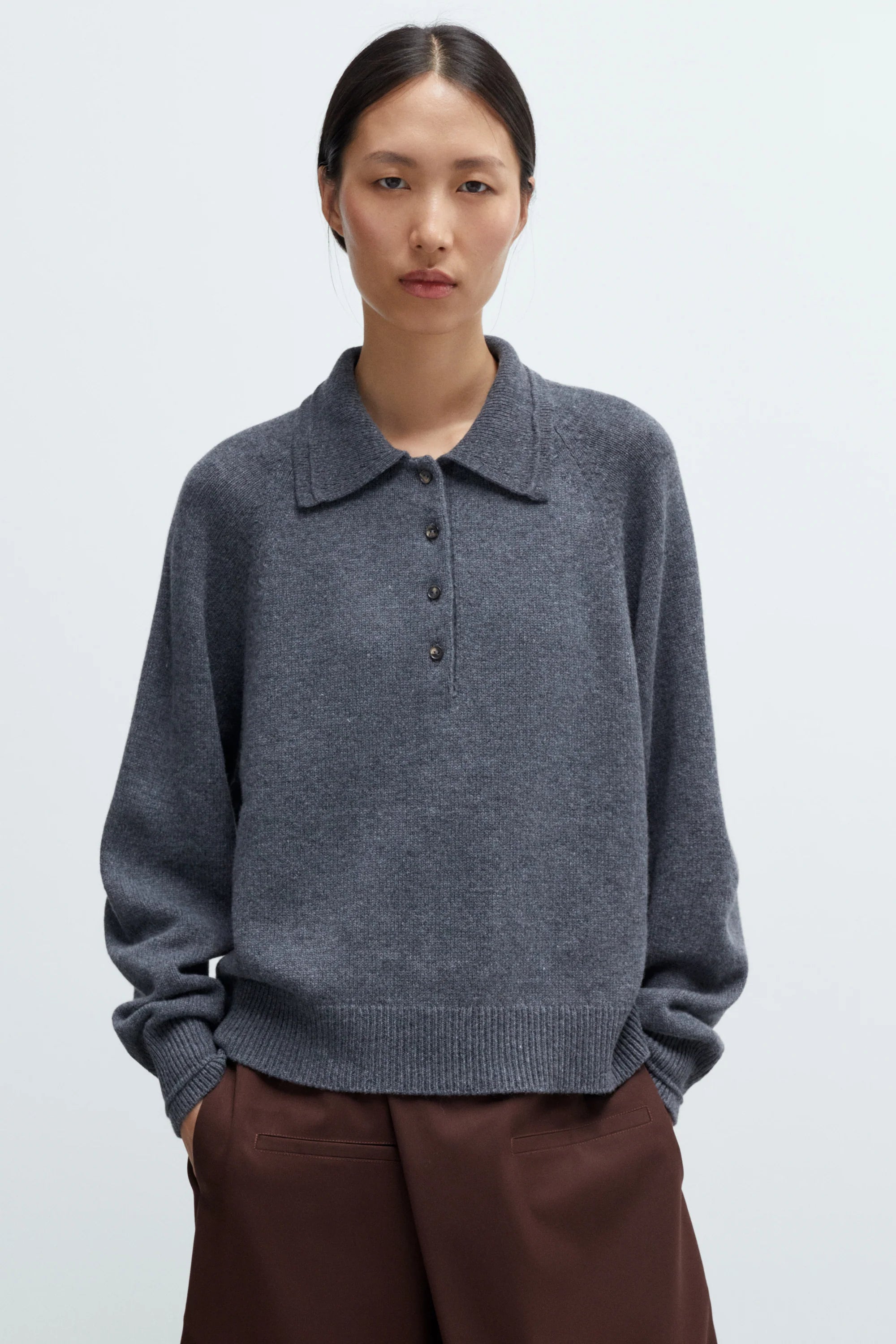 MERINO WOOL POLO SWEATER - GREY