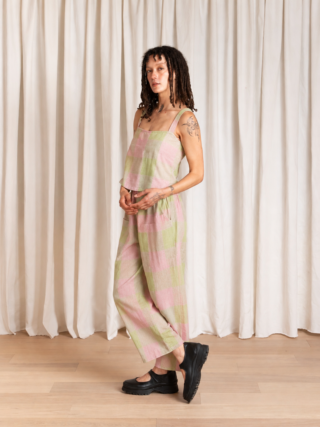 BUTTON BACK TANK - LIGHT GREEN & LIGHT PINK PLAID