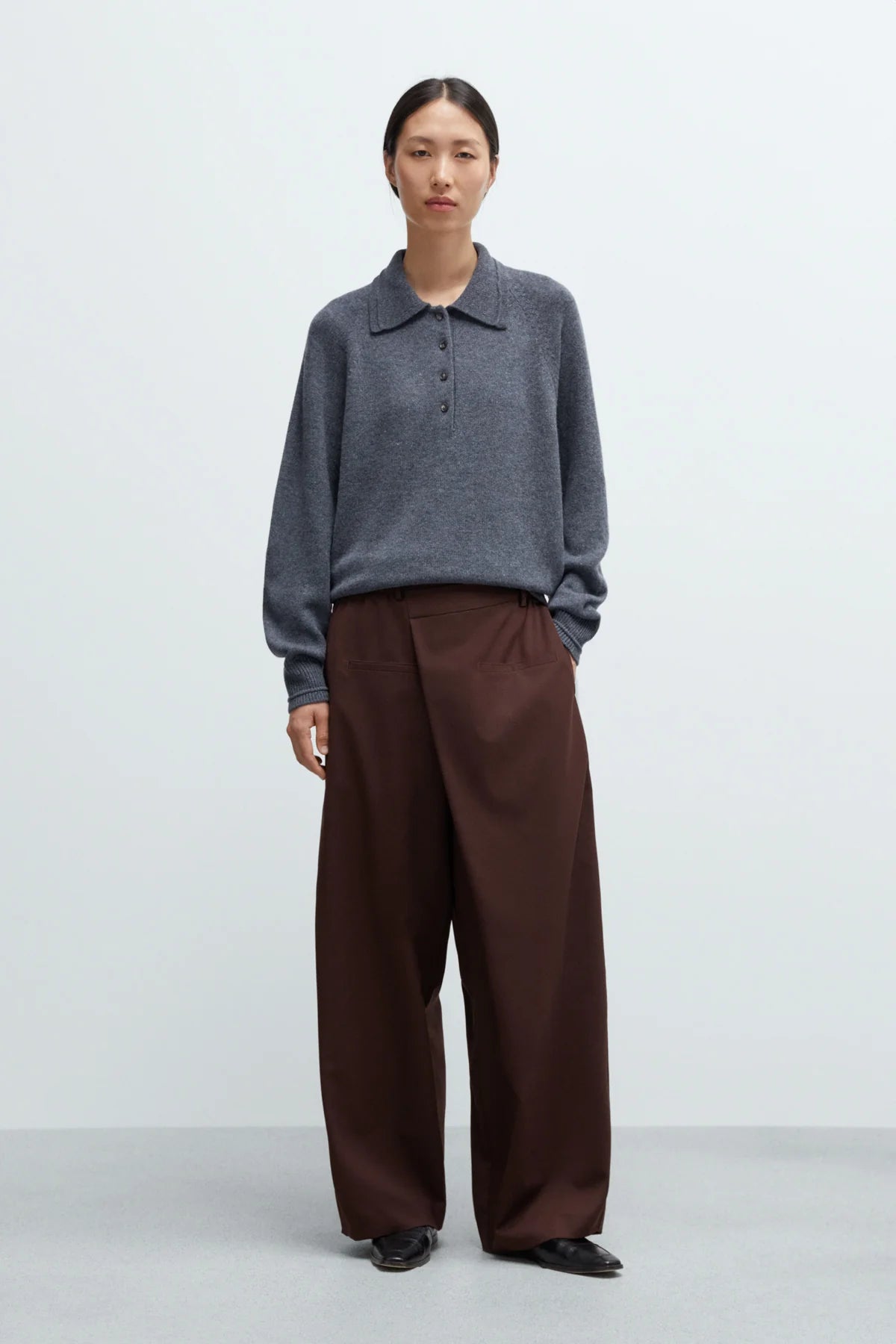 MERINO WOOL POLO SWEATER - GREY