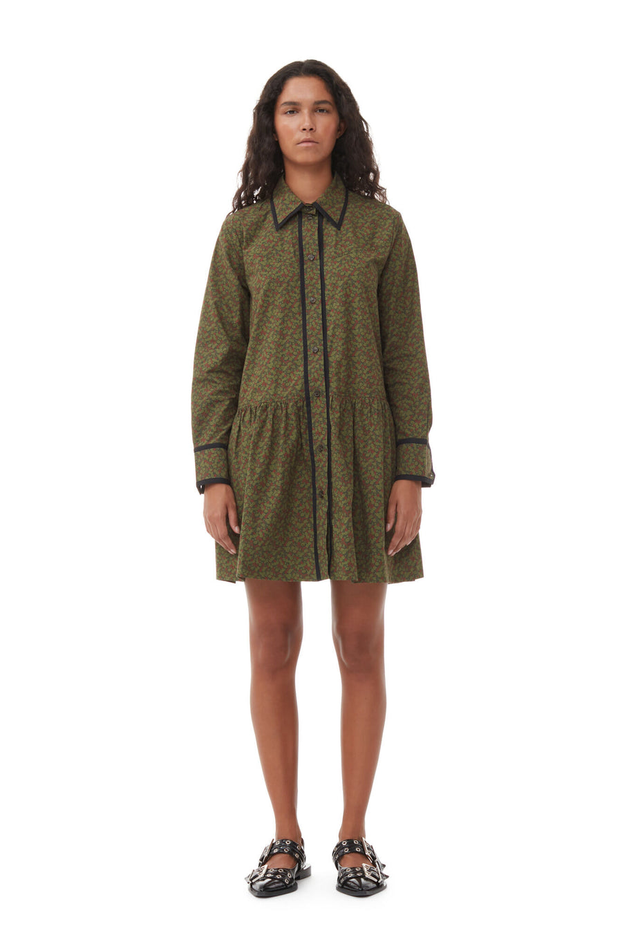 PRINTED COTTON MINI SHIRT DRESS - AVOCADO