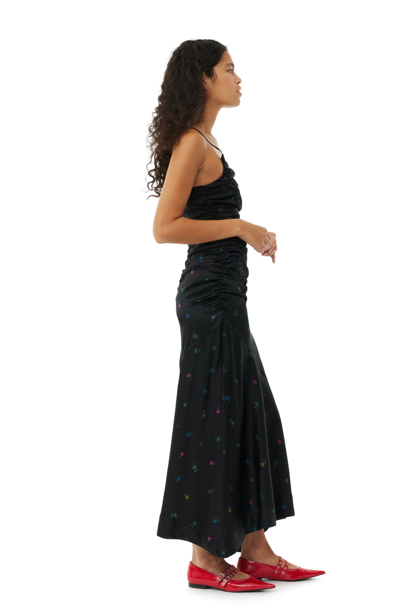 SATIN RUCHED LONG SLIP DRESS - BLACK FLORAL