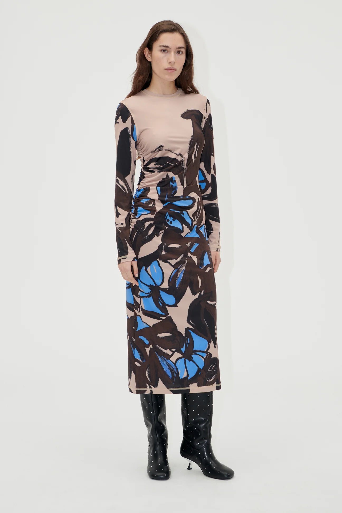 GATHERED LONG SLEEVE MIDI DRESS - ECCENTRIC FLORAL