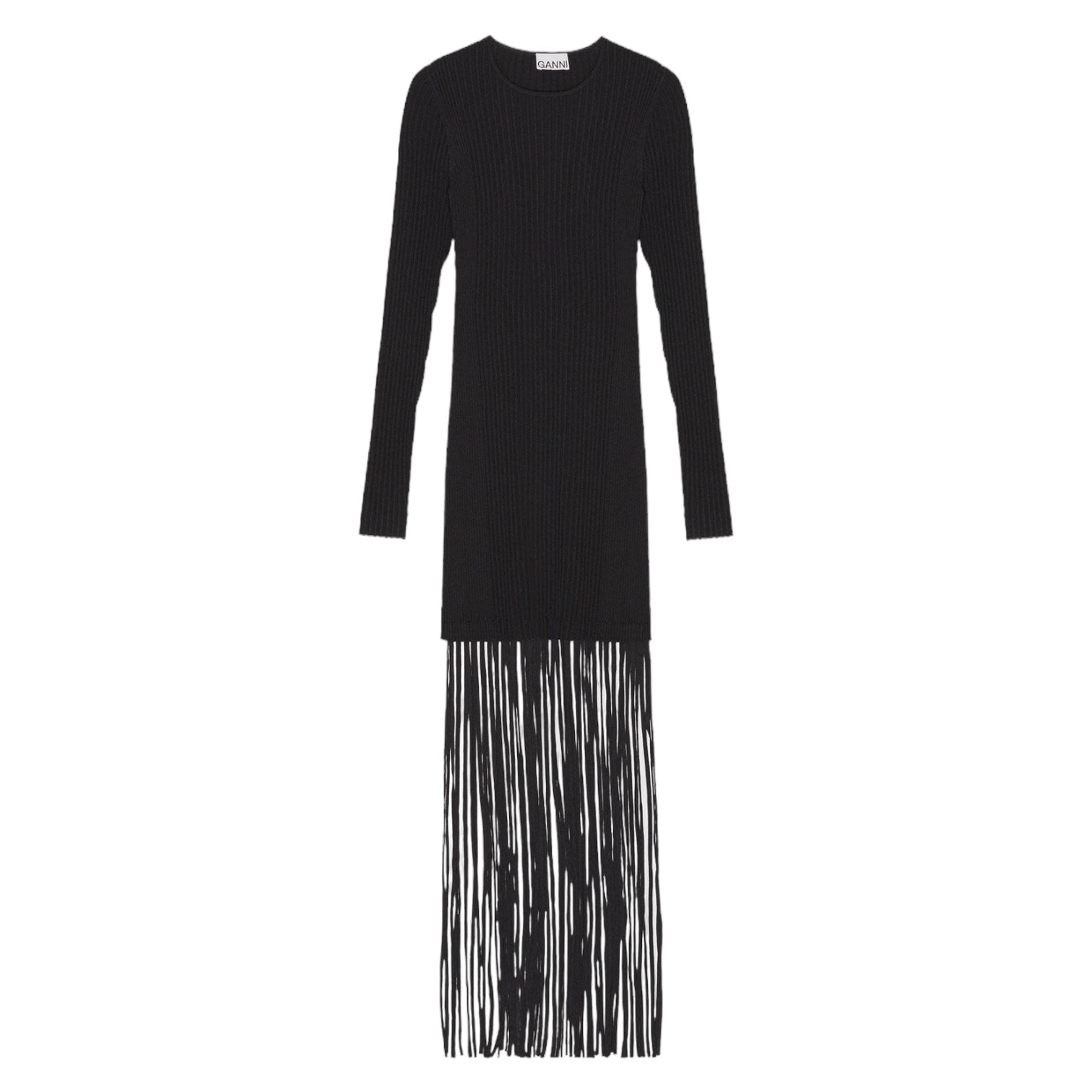 MELANGE KNIT FRINGE MINI DRESS - BLACK