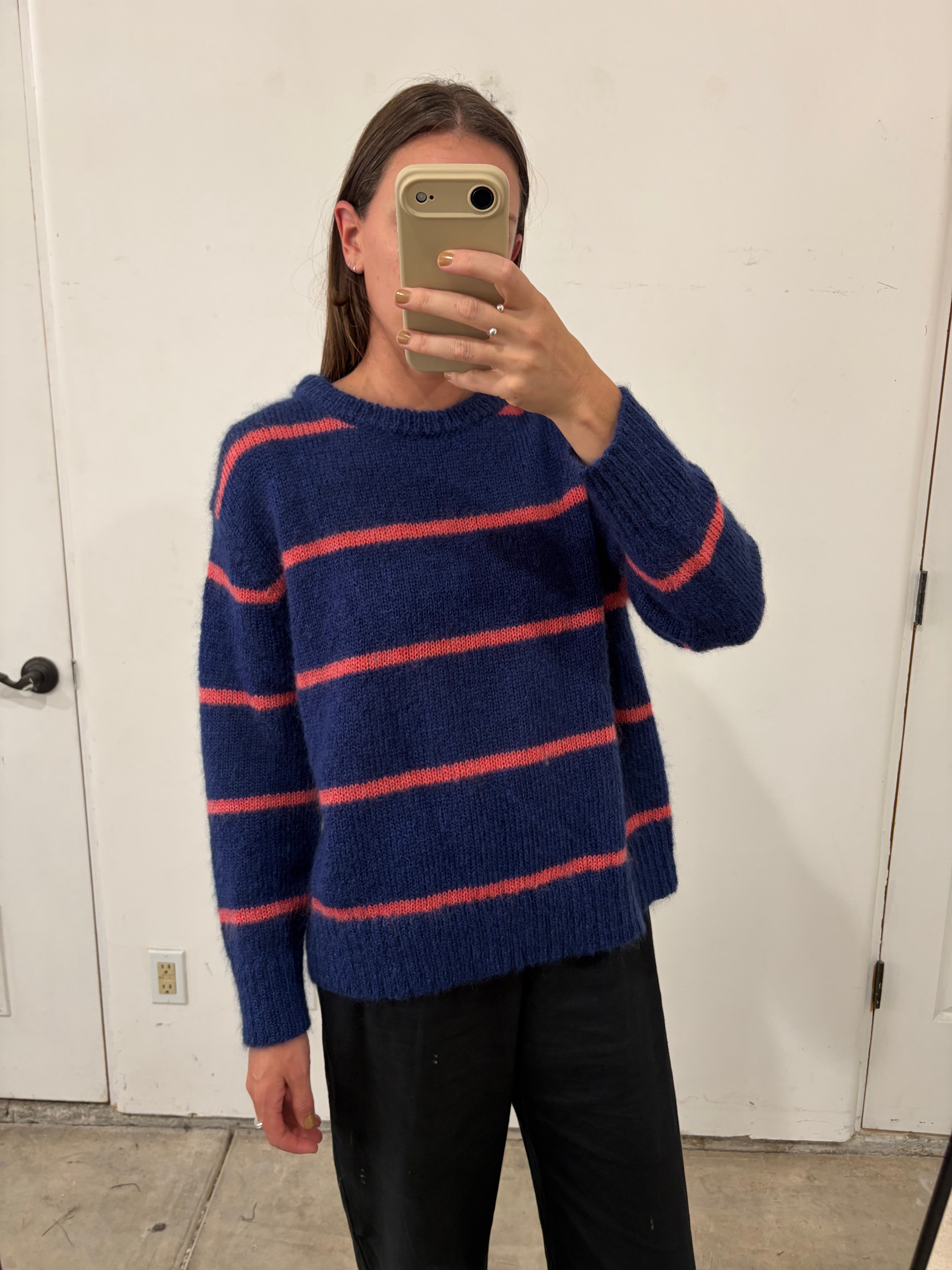 SAMPLE - MOHAIR RELAXED PULLOVER - CORAL/NAVY STRIPE