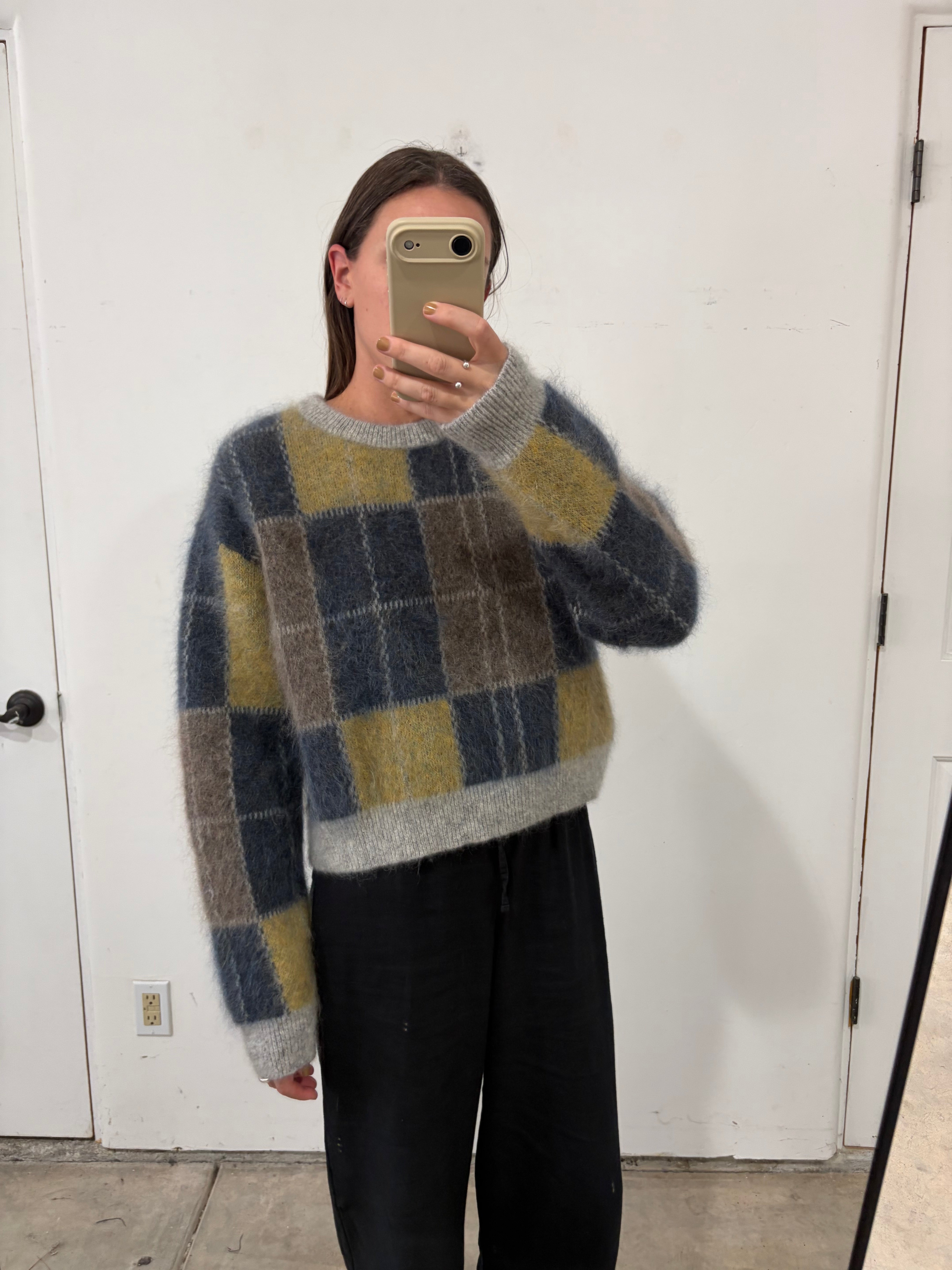 SAMPLE - BOXY PLAID SWEATER - CHARTREUSE/NAVY PLAID