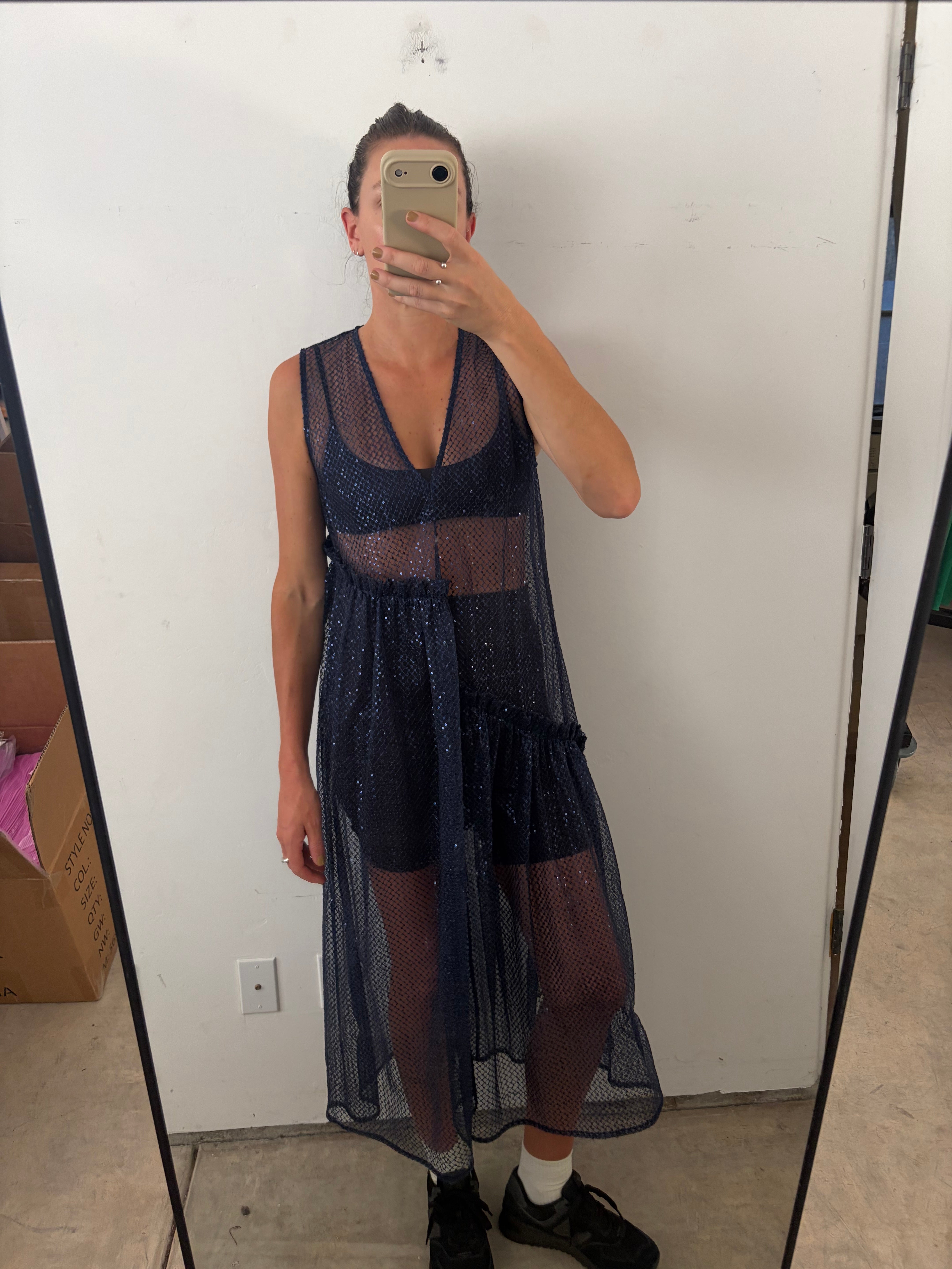 SAMPLE - NEW V-NECK DRESS W/ RUFFLES - BLUE/BLUE SEQUINS
