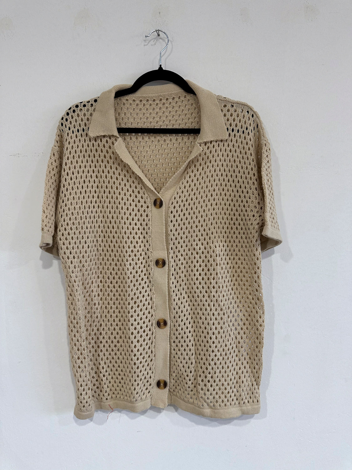 SAMPLE - OPEN KNIT SHORT SLEEVE POLO SWEATER - TAUPE