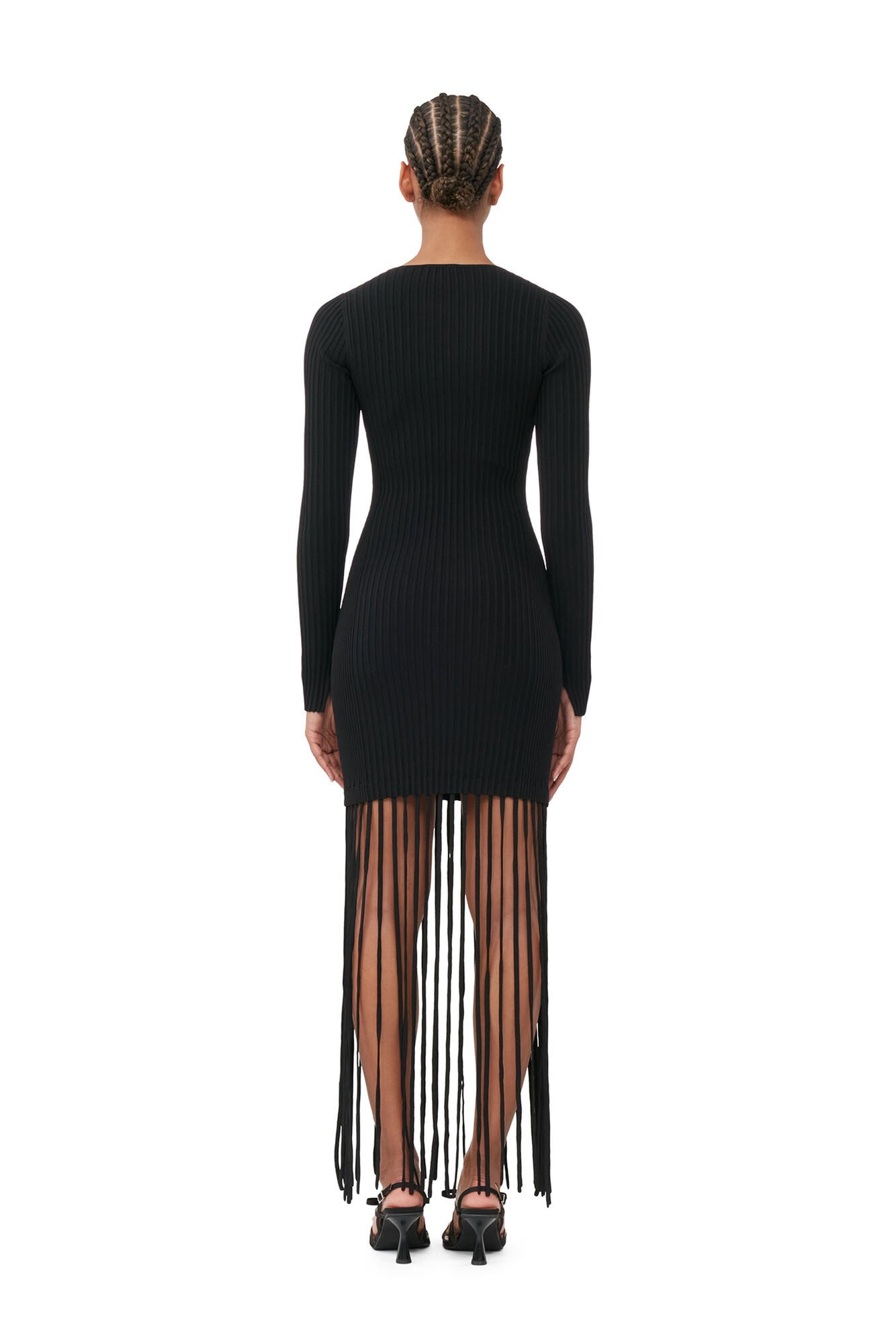 MELANGE KNIT FRINGE MINI DRESS - BLACK