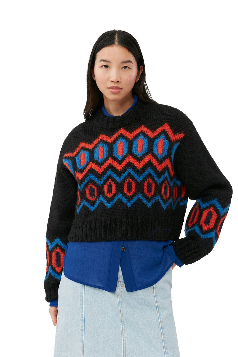 CHUNKY GRAPHIC CROPPED SWEATER - BLACK