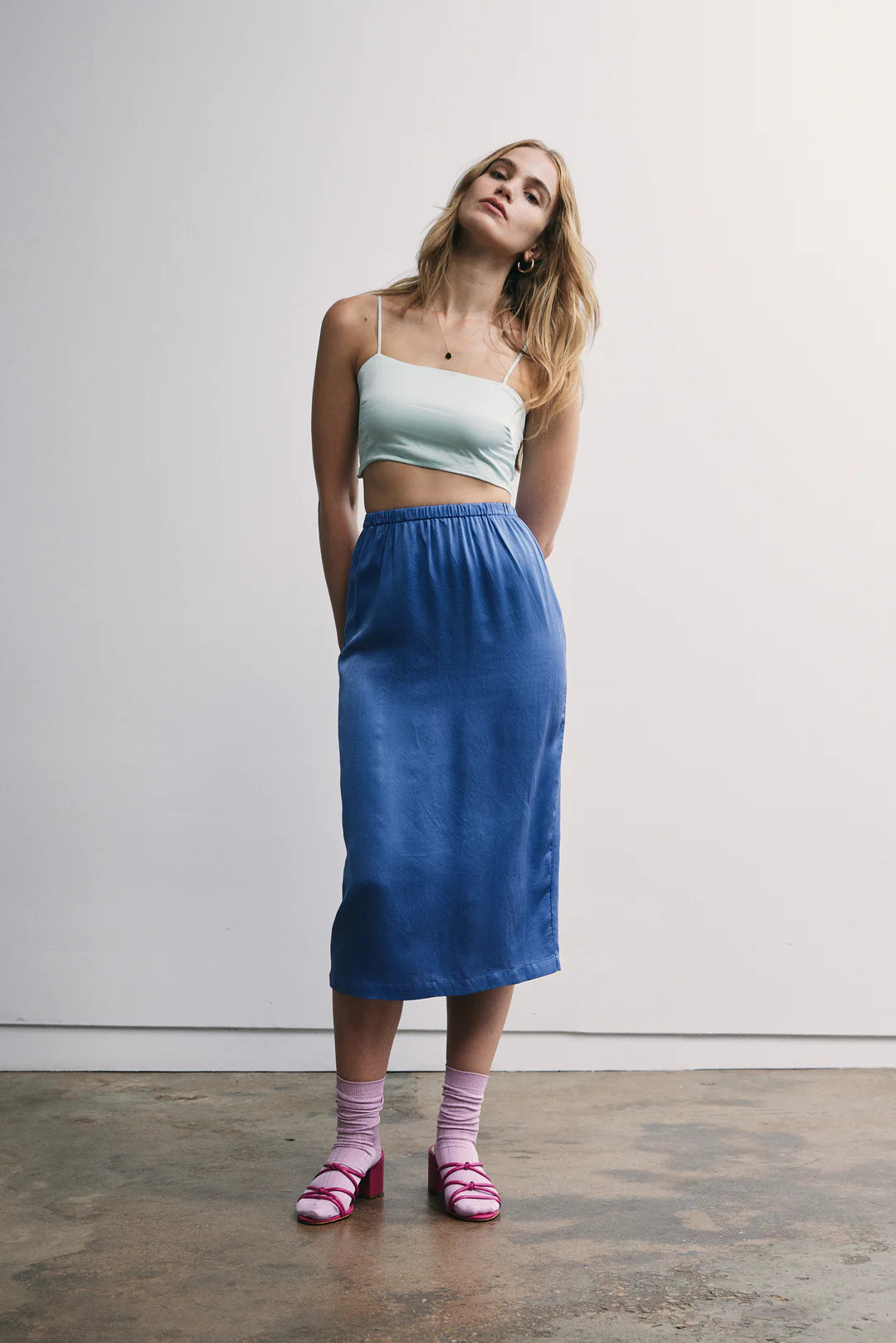 SILK MIDI SKIRT - AQUA