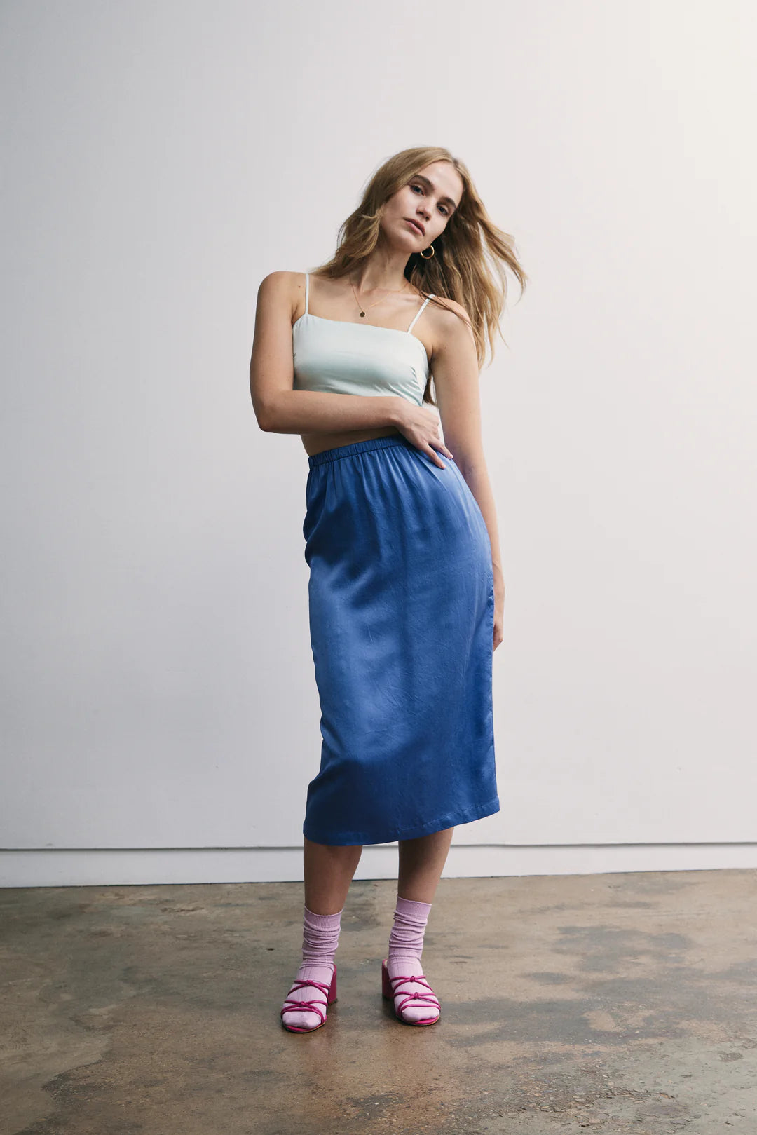 SILK MIDI SKIRT - AQUA