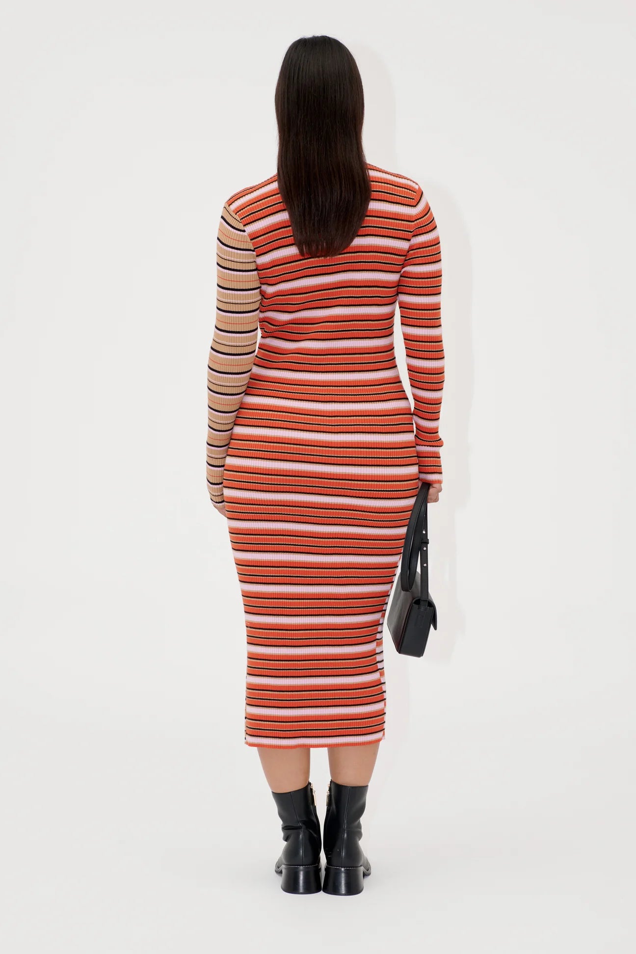 LONG SLEEVE KNIT DRESS W/ SLIT - CREAM/PINK STRIPE