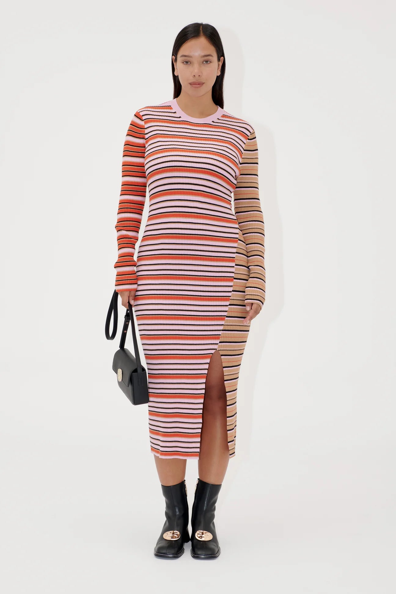 LONG SLEEVE KNIT DRESS W/ SLIT - CREAM/PINK STRIPE
